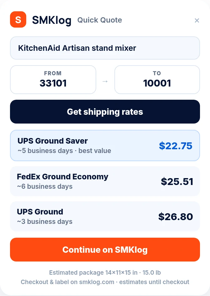 SMKlog Quick Quote badge on a product page with live carrier rates
