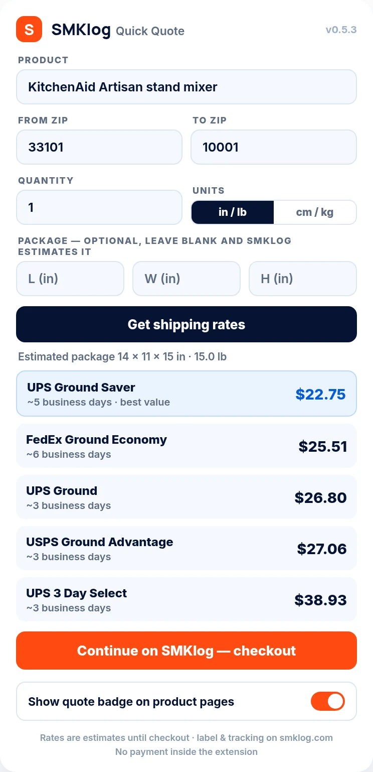 SMKlog Quick Quote toolbar popup with five live carrier rates and a package estimate